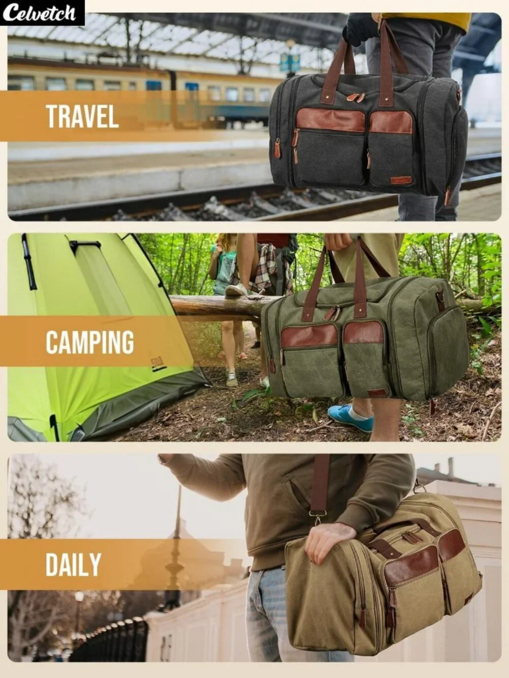 Expandable 50L Canvas Duffle Bag - Dark Grey Travel Gym Overnight Bag with Shoe